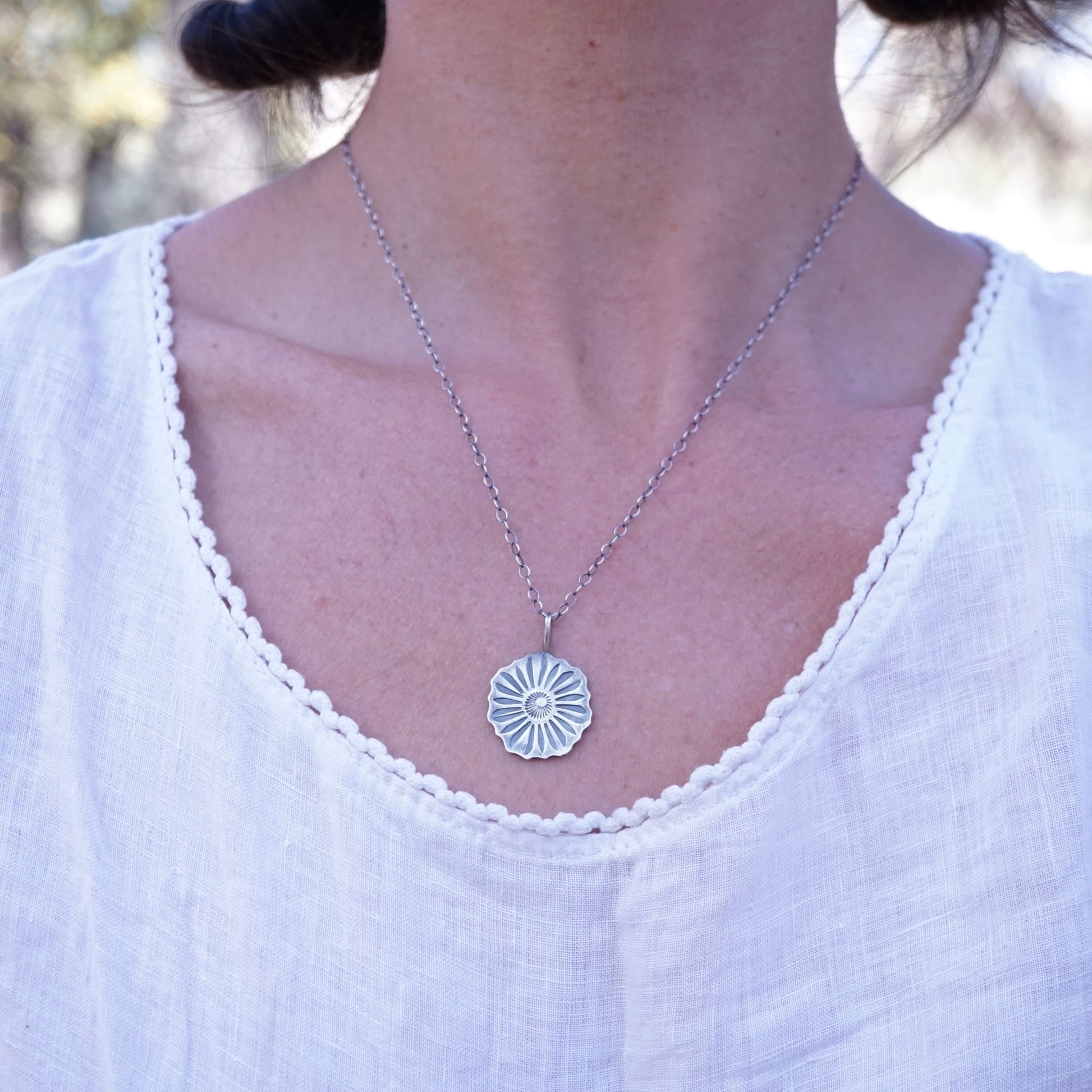 full bloom flower necklace - all silver - Lumenrose