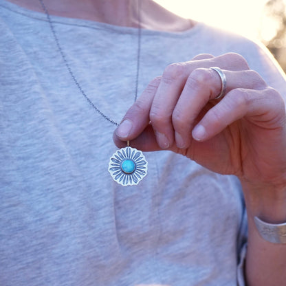 full bloom flower necklace with blue ridge turquoise on a long chain - Lumenrose