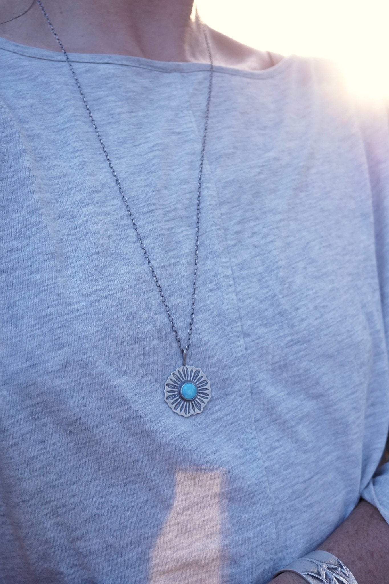 full bloom flower necklace with blue ridge turquoise on a long chain - Lumenrose