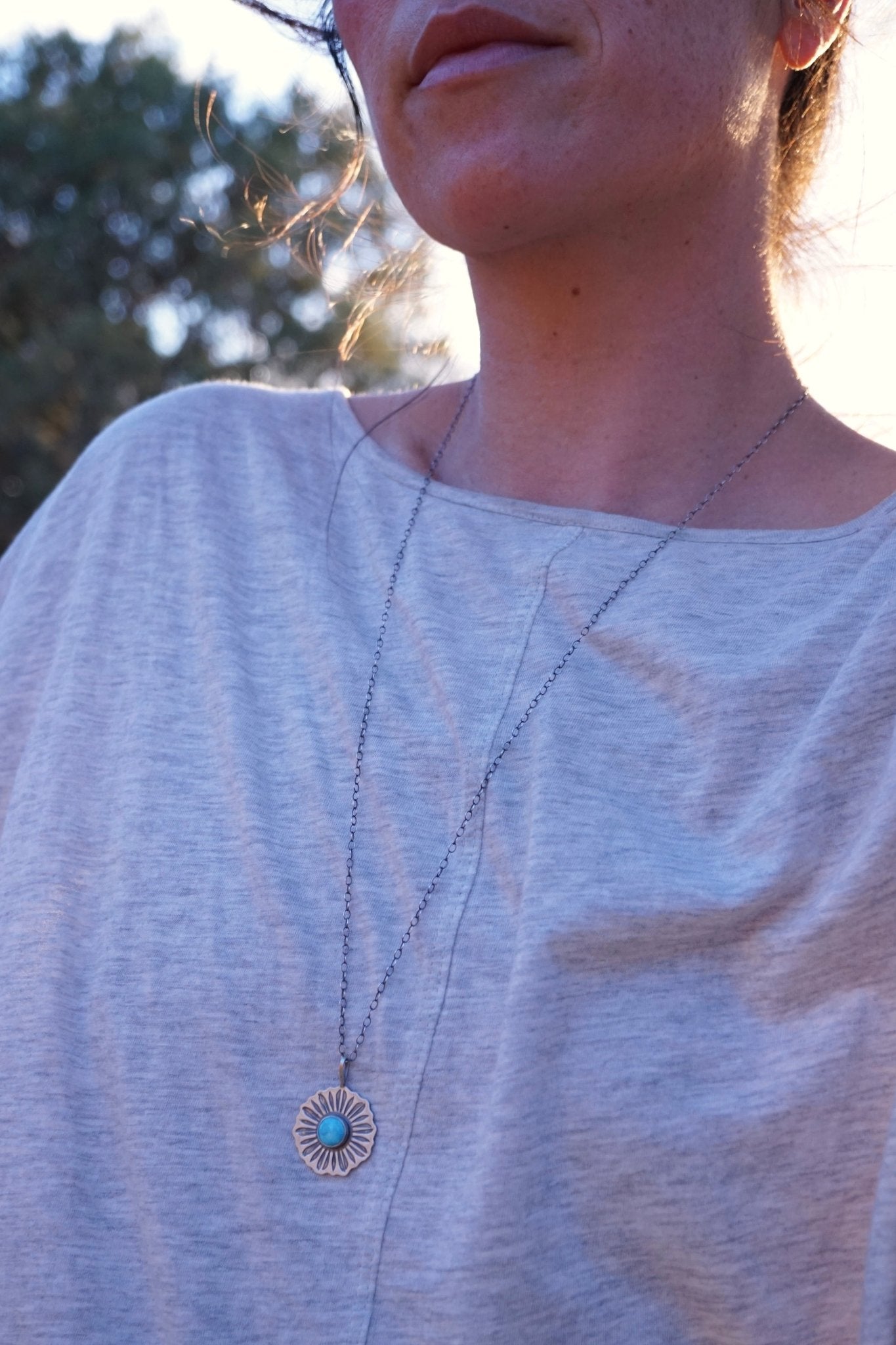 full bloom flower necklace with blue ridge turquoise on a long chain - Lumenrose