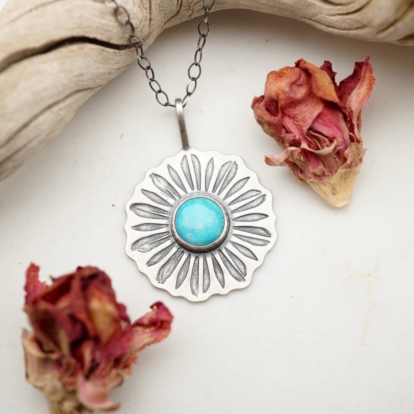 full bloom flower necklace with blue ridge turquoise on a long chain - Lumenrose