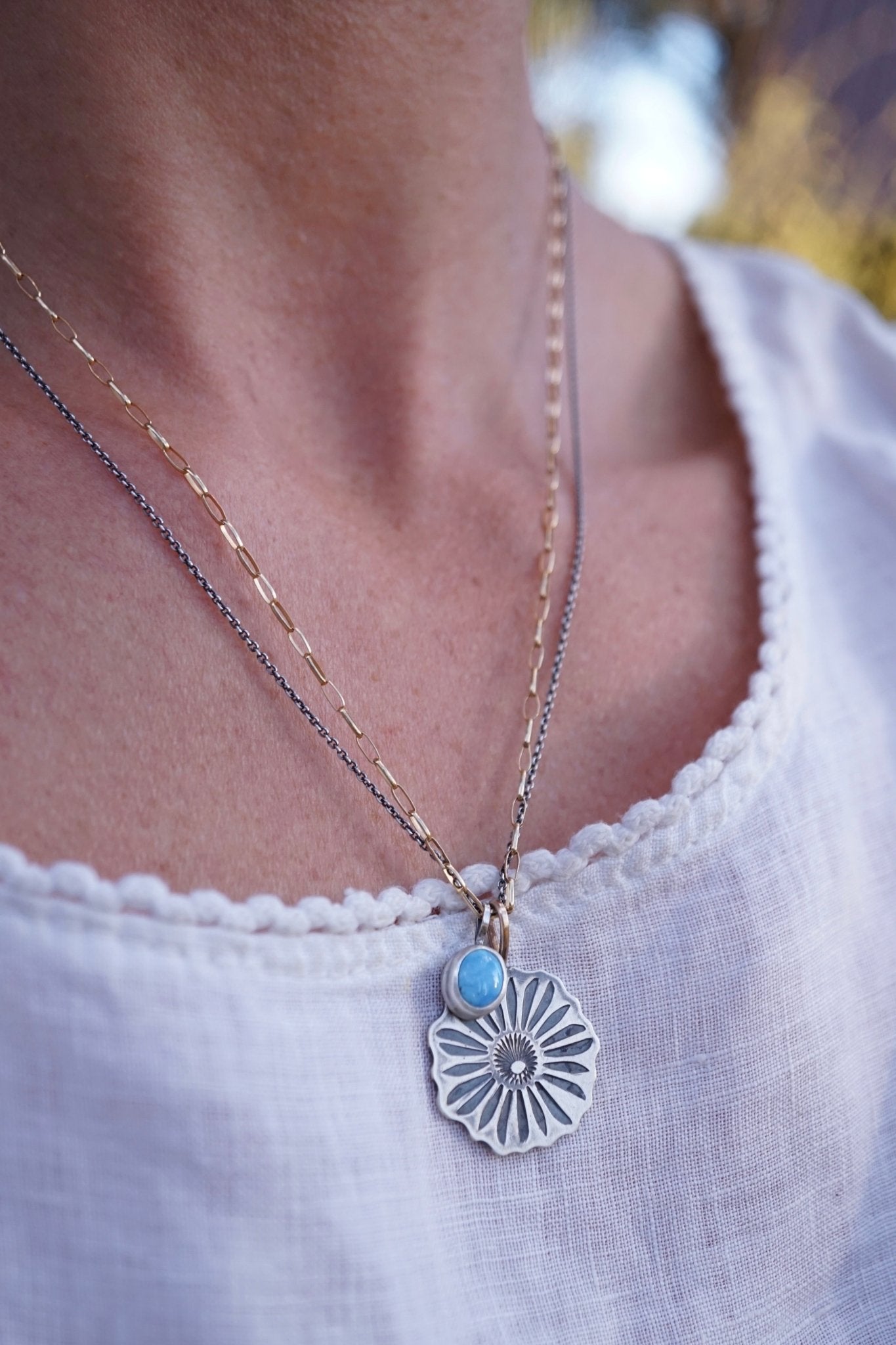 full bloom necklace with lavender charm + silver and goldfill chain - Lumenrose