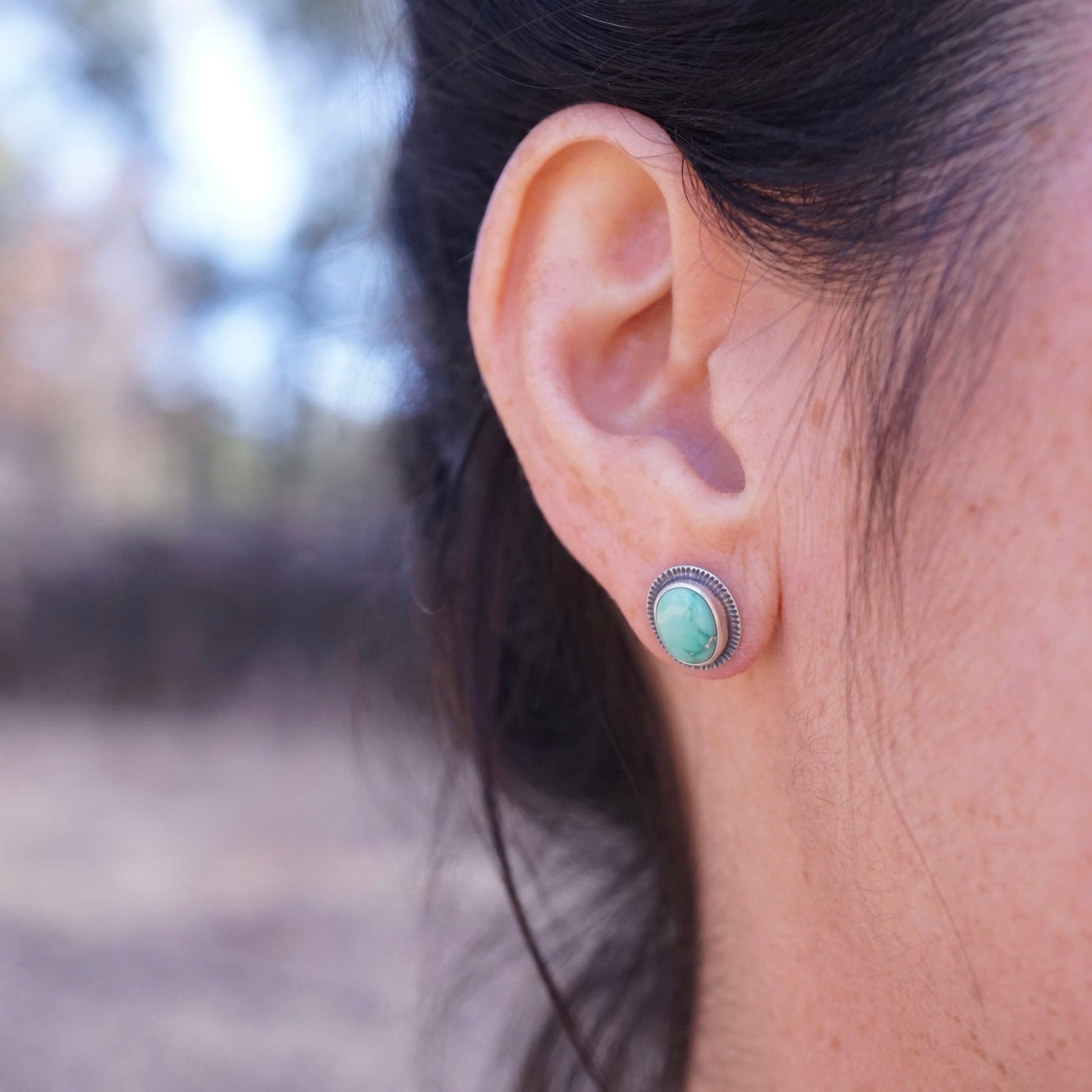 green sonoran turquoise studs with stamped border - Lumenrose