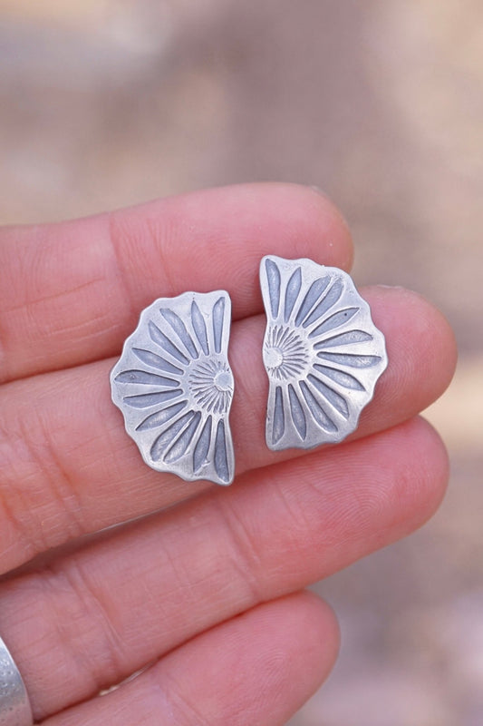 half bloom silver flower studs - Lumenrose