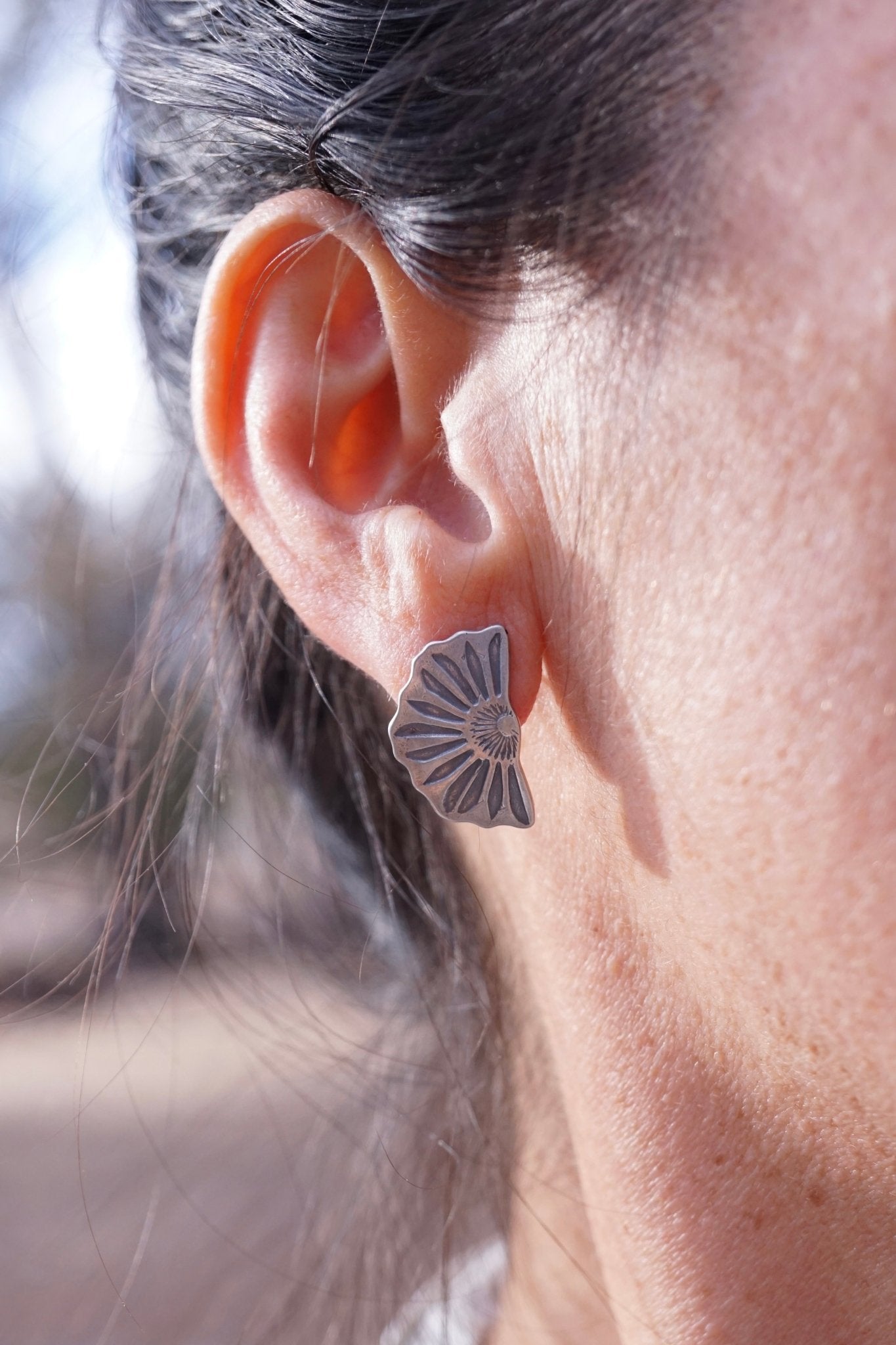 half bloom silver flower studs - Lumenrose