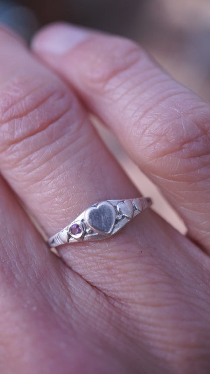 *refreshed collection* silver mini signet heart ring with ruby - size 5.75