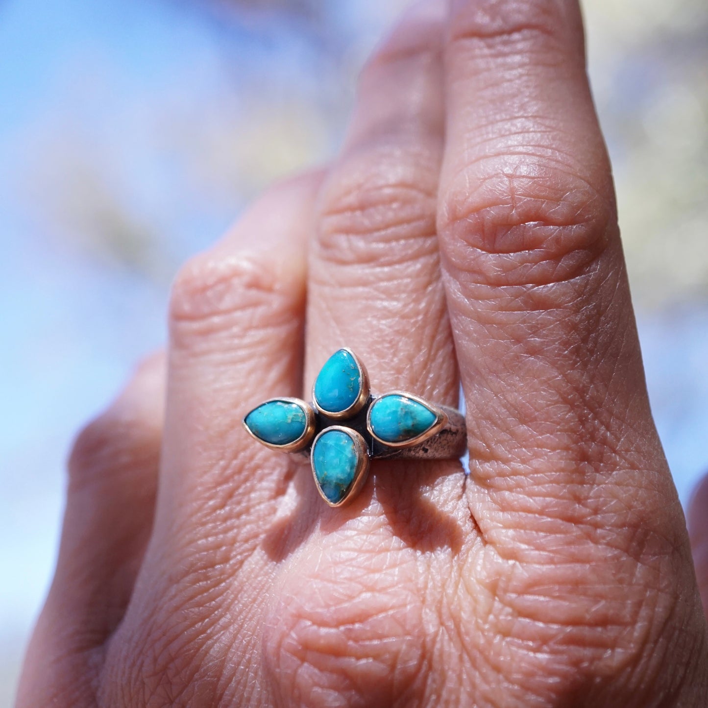 sandcast flower burst ring with blue ridge turquoise and 14k GOLD bezels - size 6 - Lumenrose
