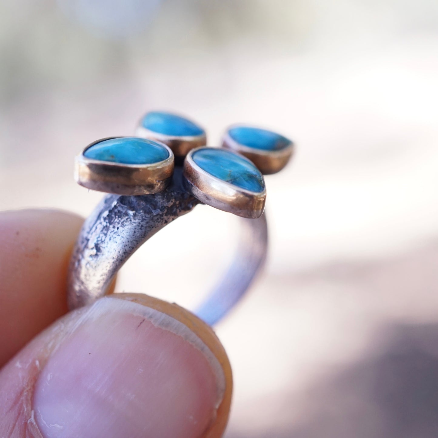 sandcast flower burst ring with blue ridge turquoise and 14k GOLD bezels - size 6 - Lumenrose