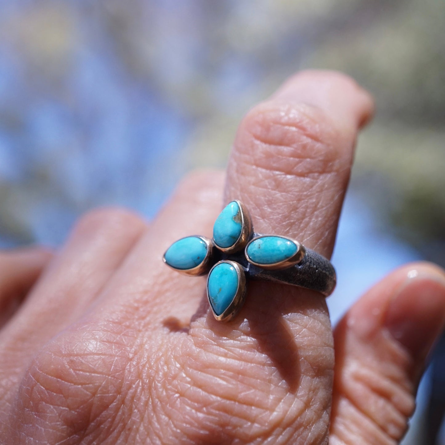 sandcast flower burst ring with blue ridge turquoise and 14k GOLD bezels - size 7 - Lumenrose