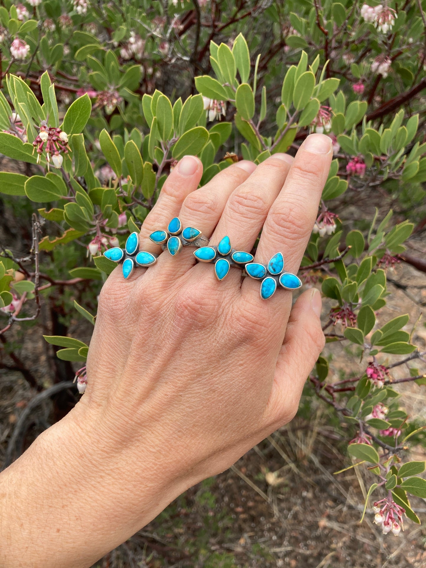 sandcast flower burst ring with blue ridge turquoise and 14k GOLD bezels - size 7 - Lumenrose