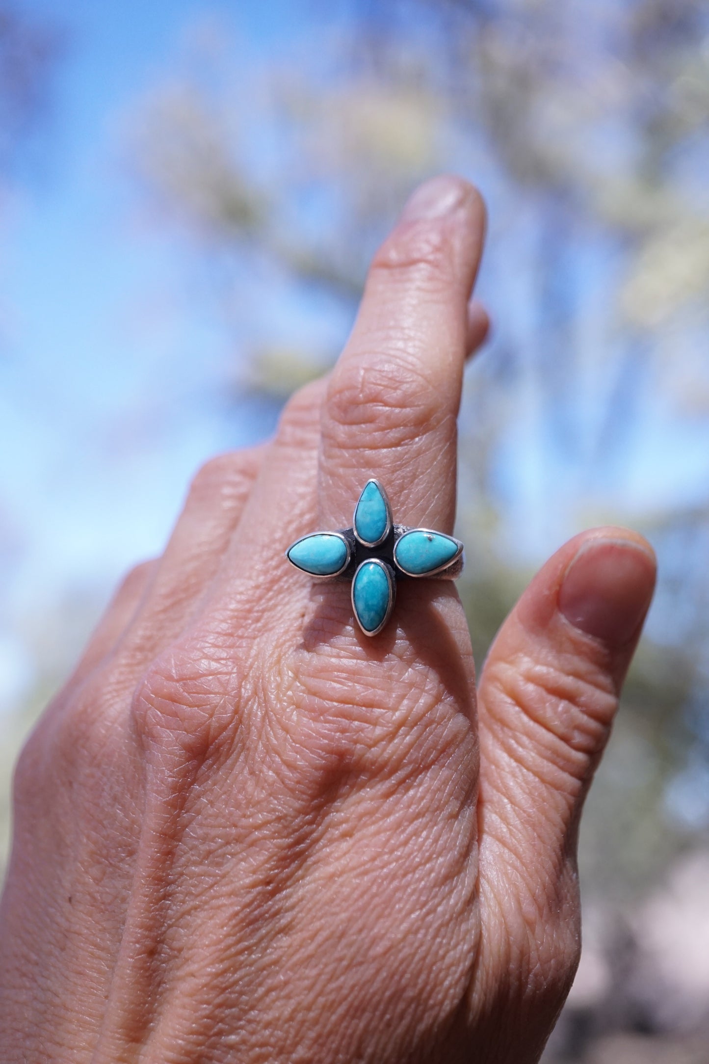 sandcast flower burst ring with blue ridge turquoise - size 6.75 - Lumenrose