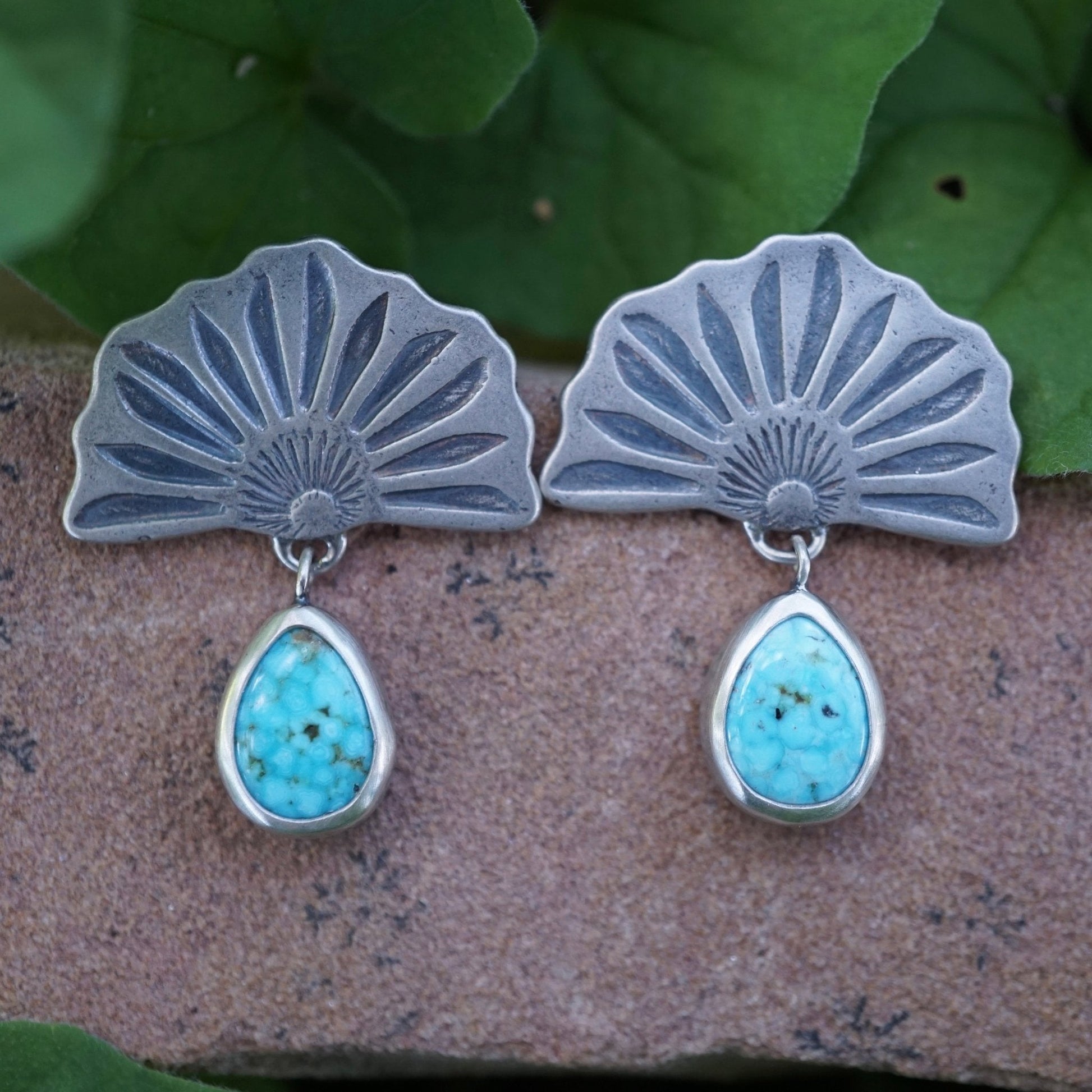 the blooming studs with kingman turquoise teardrops - Lumenrose