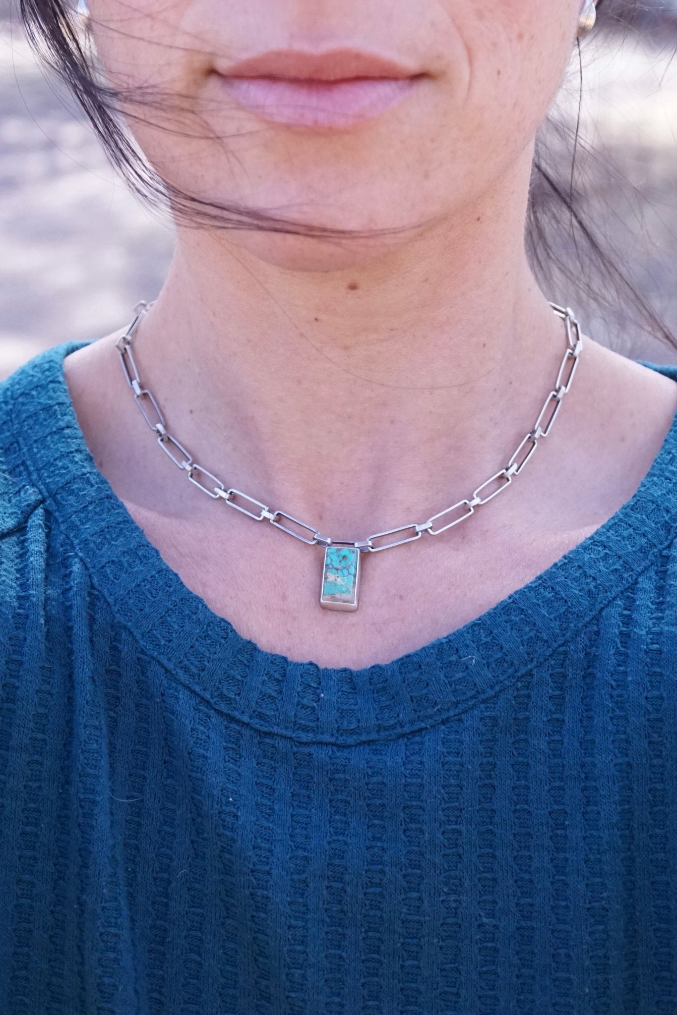 the choker - handmade rectangle chain + royston turquoise 16" - Lumenrose