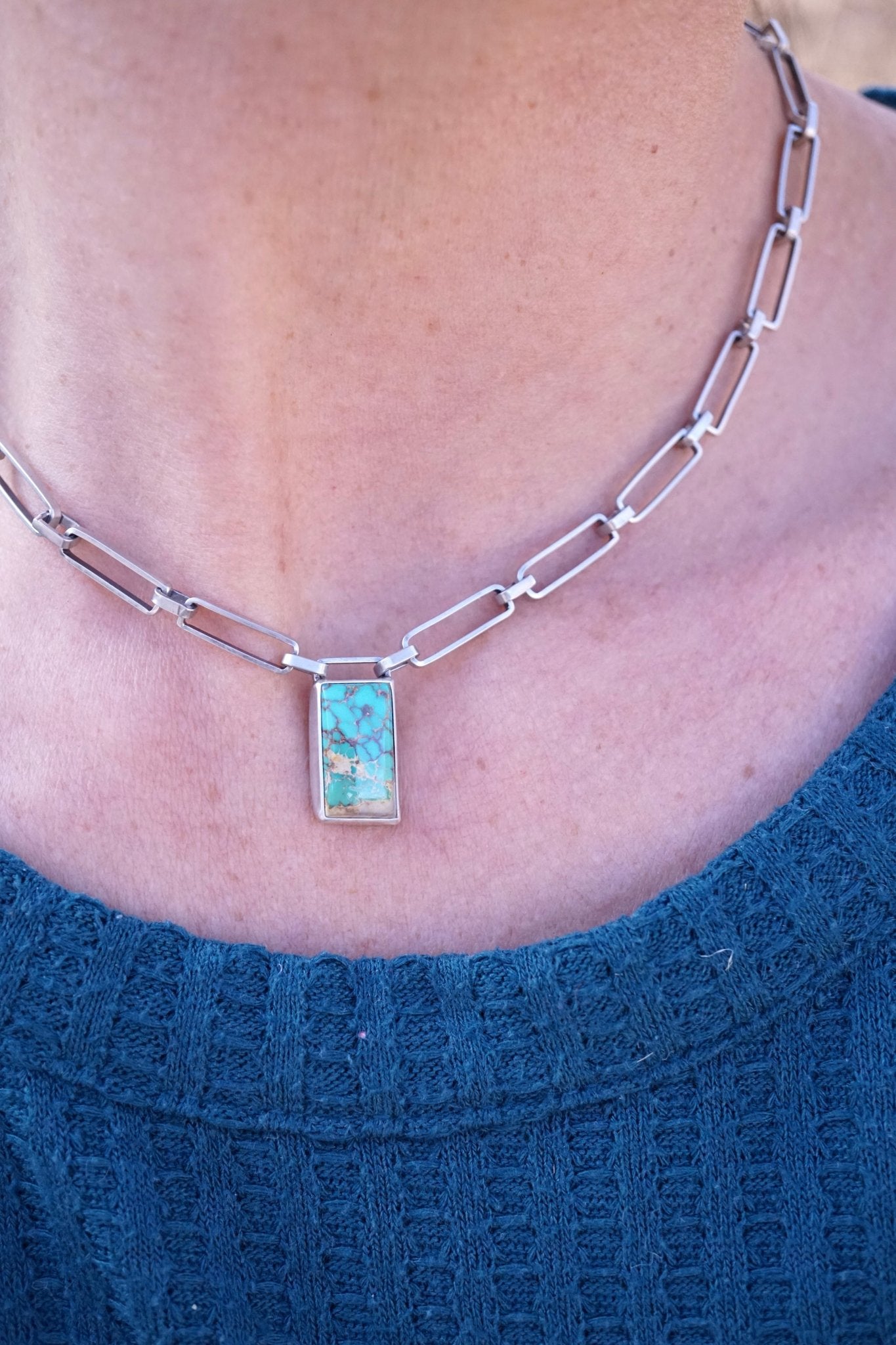 the choker - handmade rectangle chain + royston turquoise 16" - Lumenrose