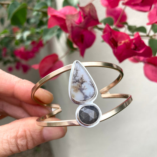 14k goldfill split band cuff with dendritic agate + grey moonstone + 14k goldfill + sterling - Lumenrose