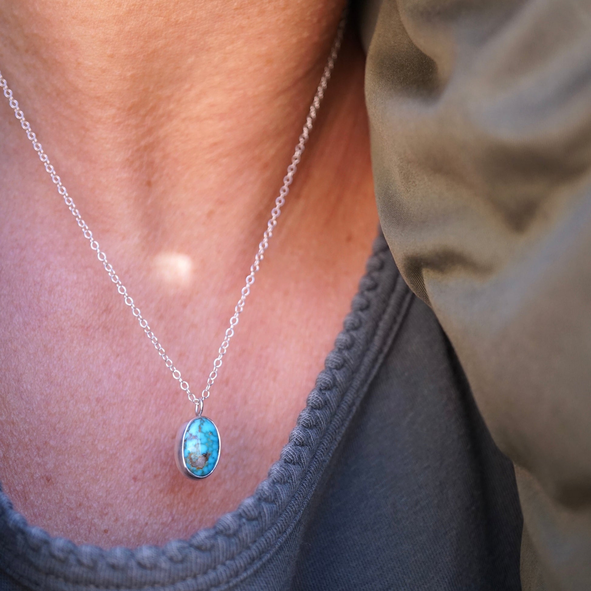 bright blue kingman turquiose necklace - short oval - Lumenrose