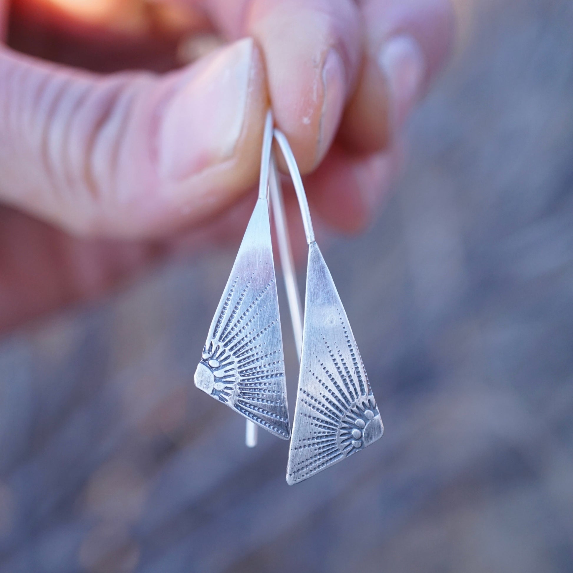 cutie silver stamped earrings with sunray design #1 - Lumenrose