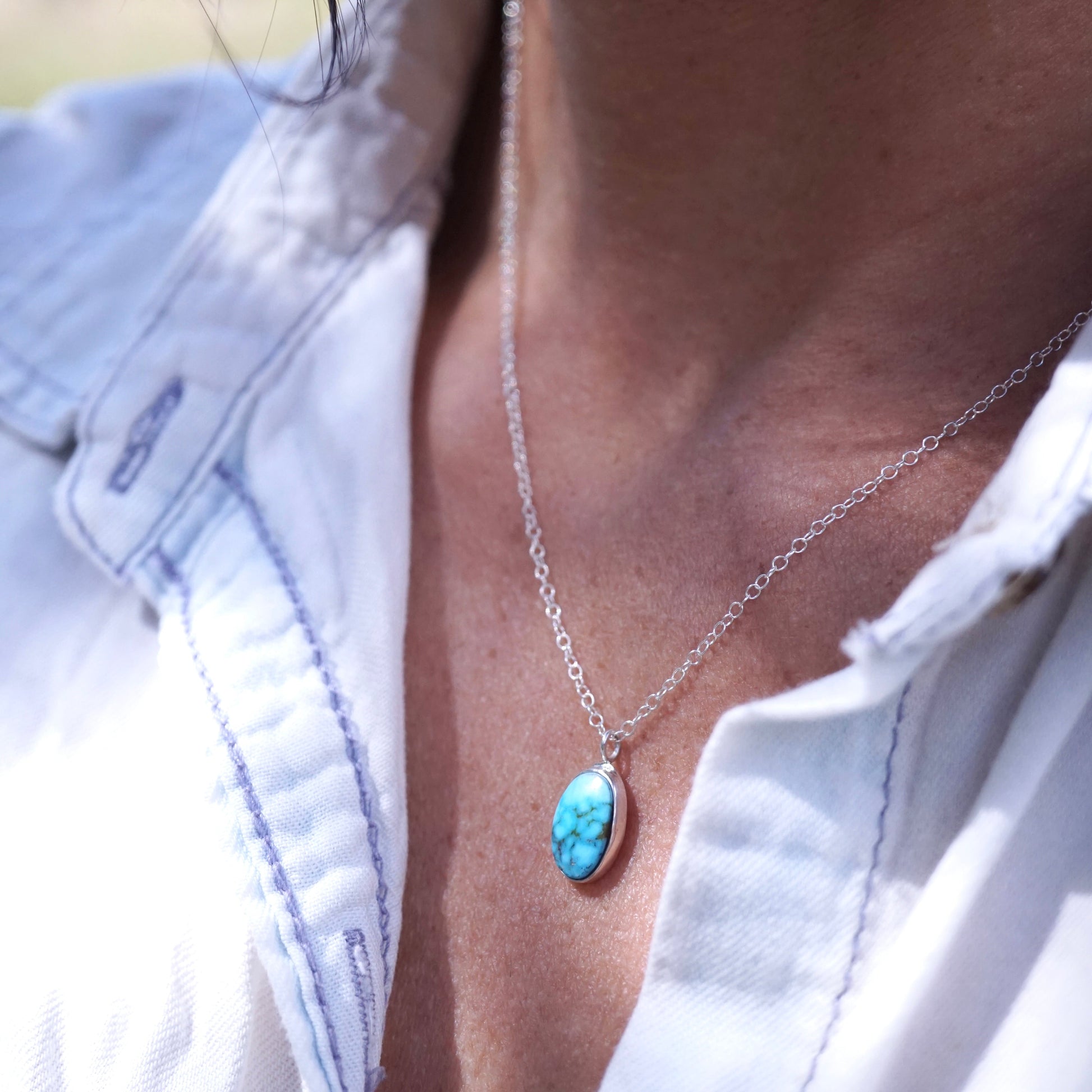 dainty kingman turquoise + silver necklace - 18" chain - Lumenrose