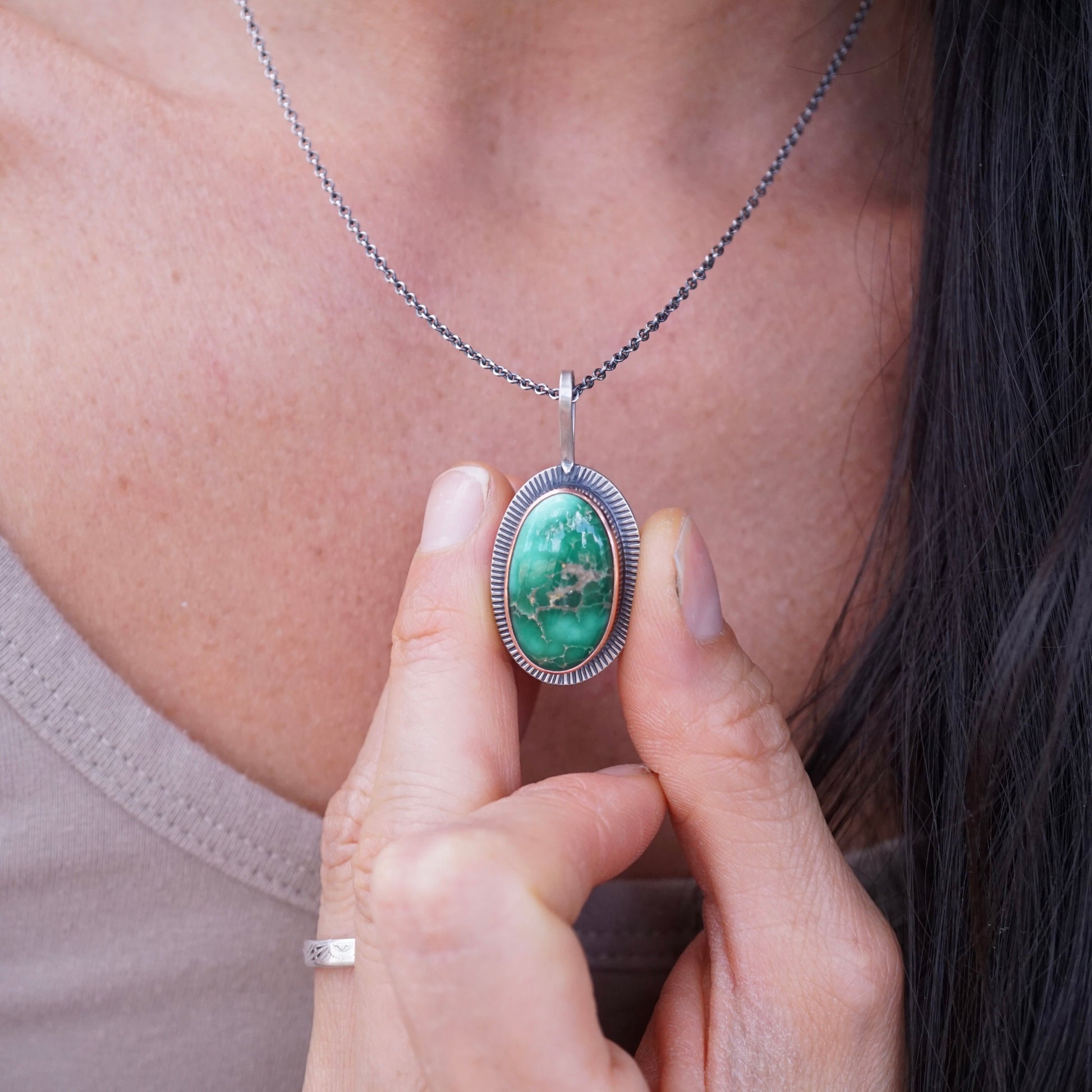 glowing broken arrow variscite necklace - Lumenrose