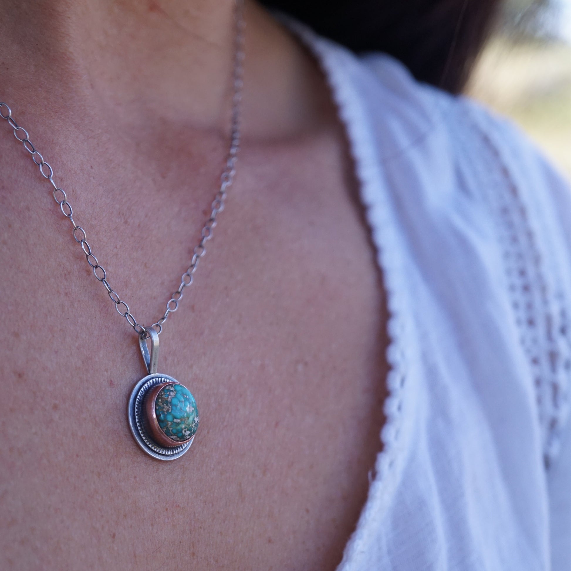 high dome carico lake turquoise necklace with copper bezel - Lumenrose