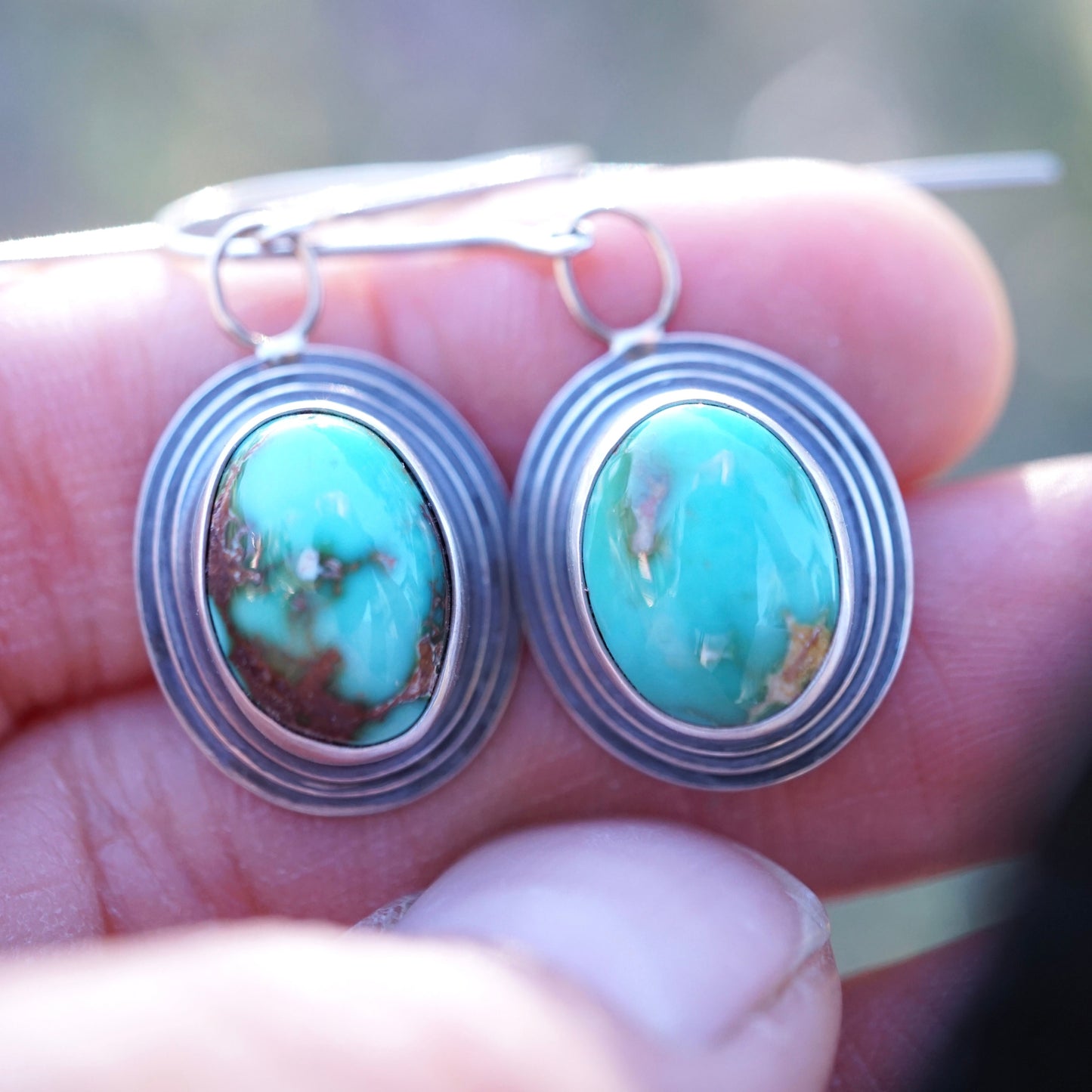 high grade gem-like royston turquoise dangle earrings w/ 14k gold accent - Lumenrose