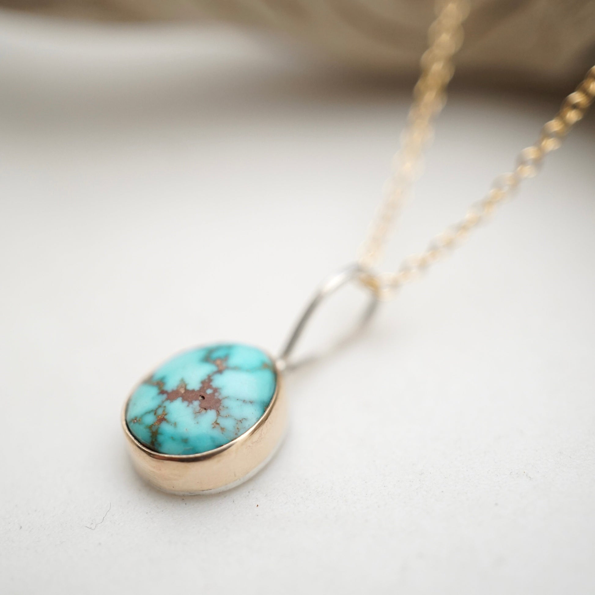 high grade kingman turquoise necklace with 14k bezel - Lumenrose