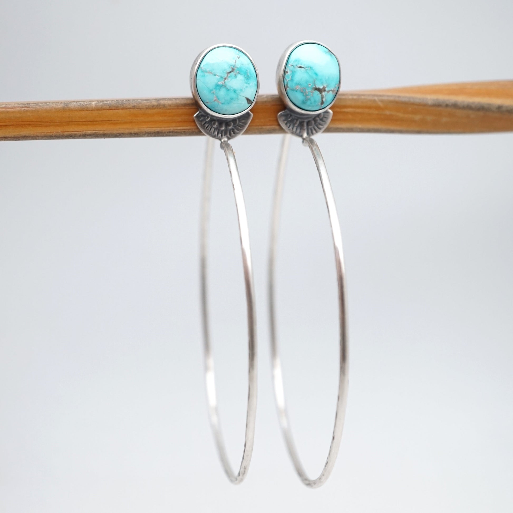 light blue kingman turquoise + silver hoops - Lumenrose