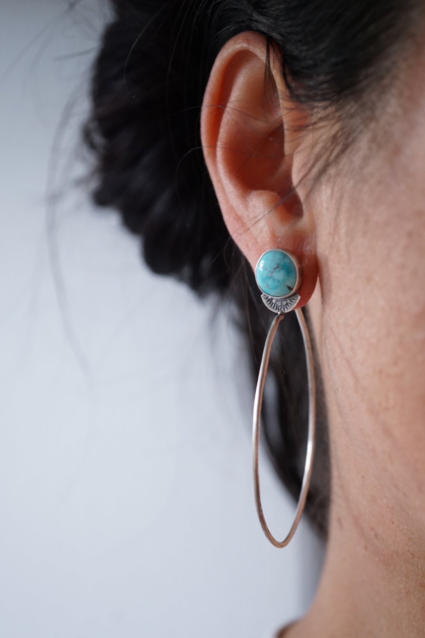 light blue kingman turquoise + silver hoops - Lumenrose