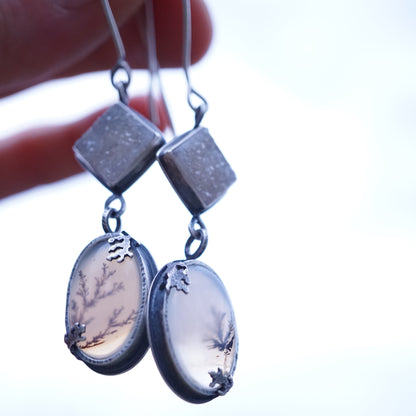 narmada river dendritic agate + druzy dangle earrings - Lumenrose