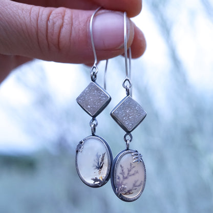 narmada river dendritic agate + druzy dangle earrings - Lumenrose