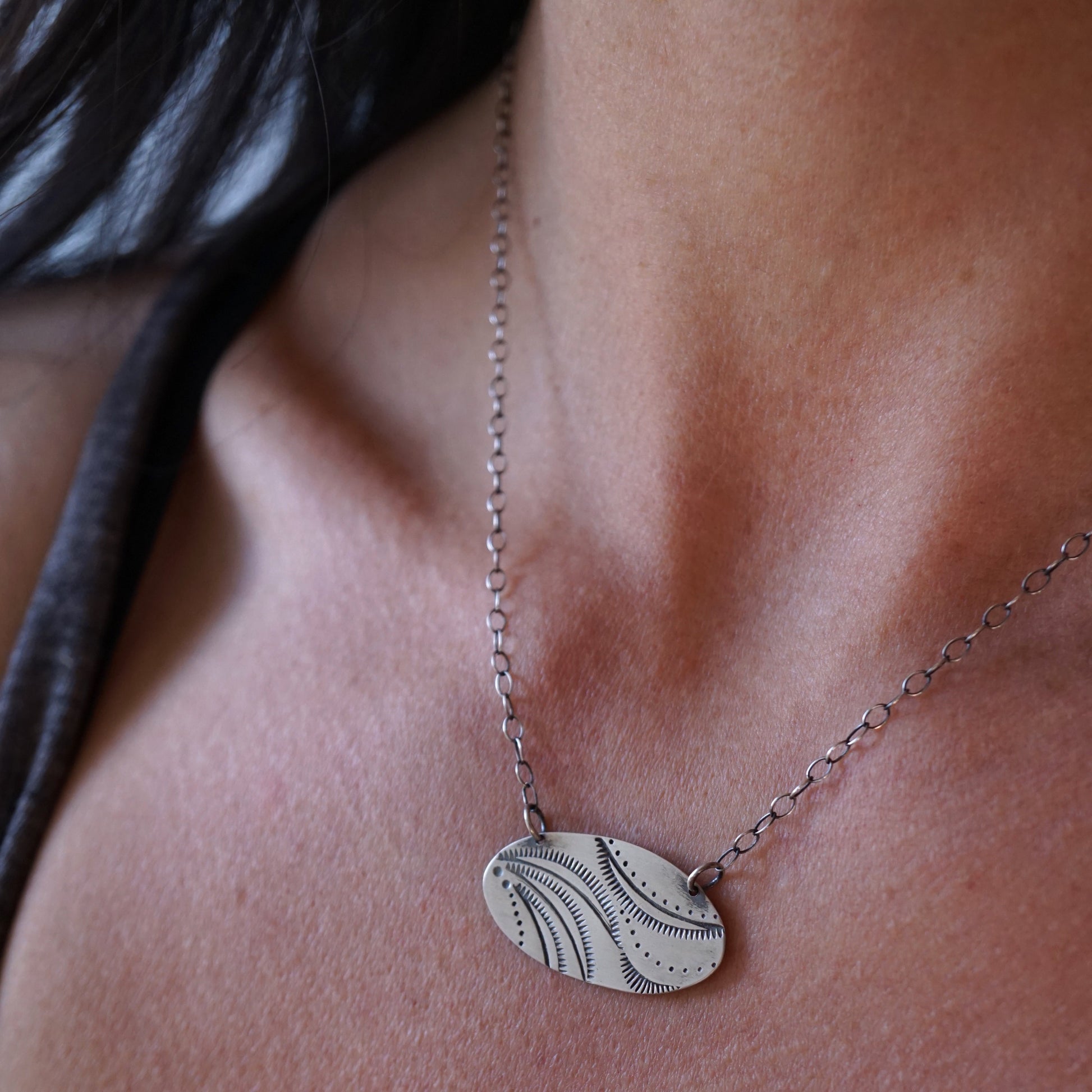 oval stamped silver necklaces - Lumenrose