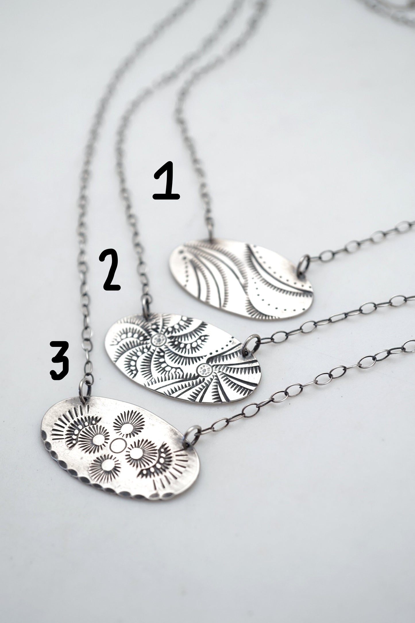 oval stamped silver necklaces - Lumenrose