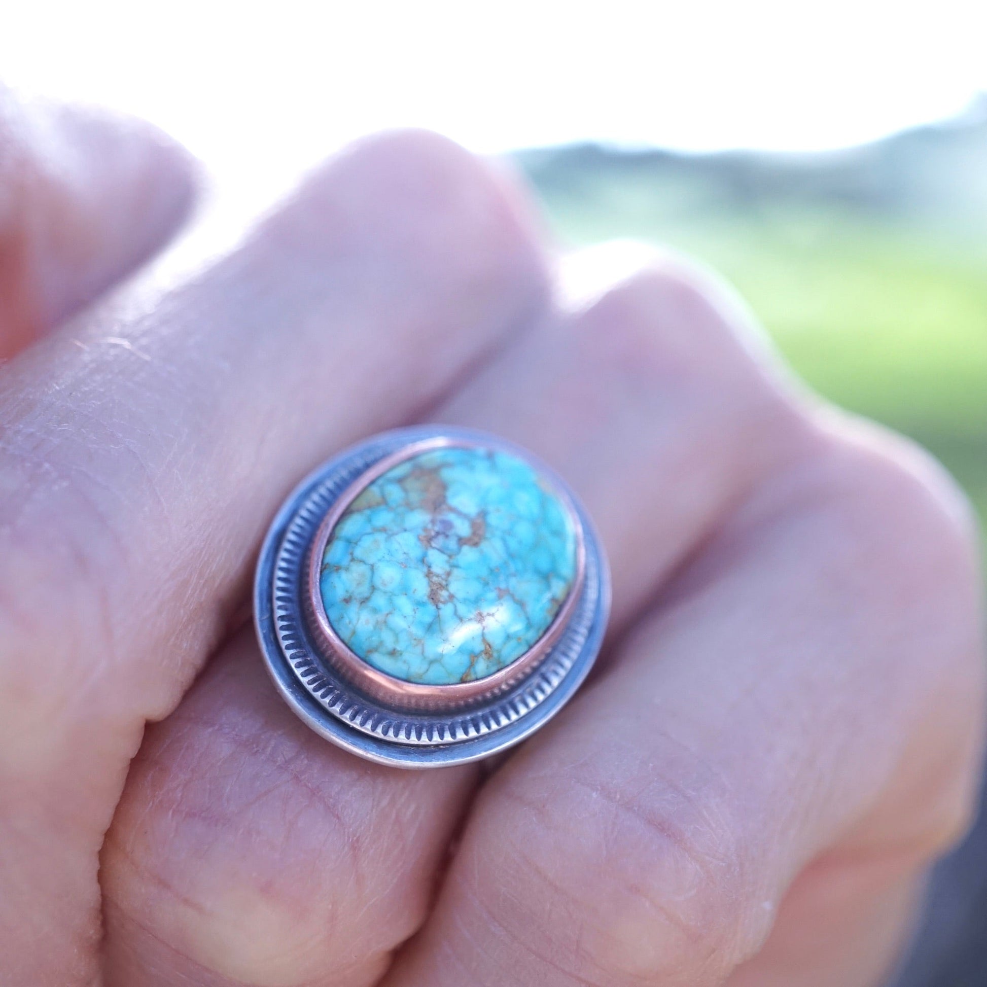 polychrome kingman turquoise ring with copper bezel - size 5.25/5.5 - Lumenrose