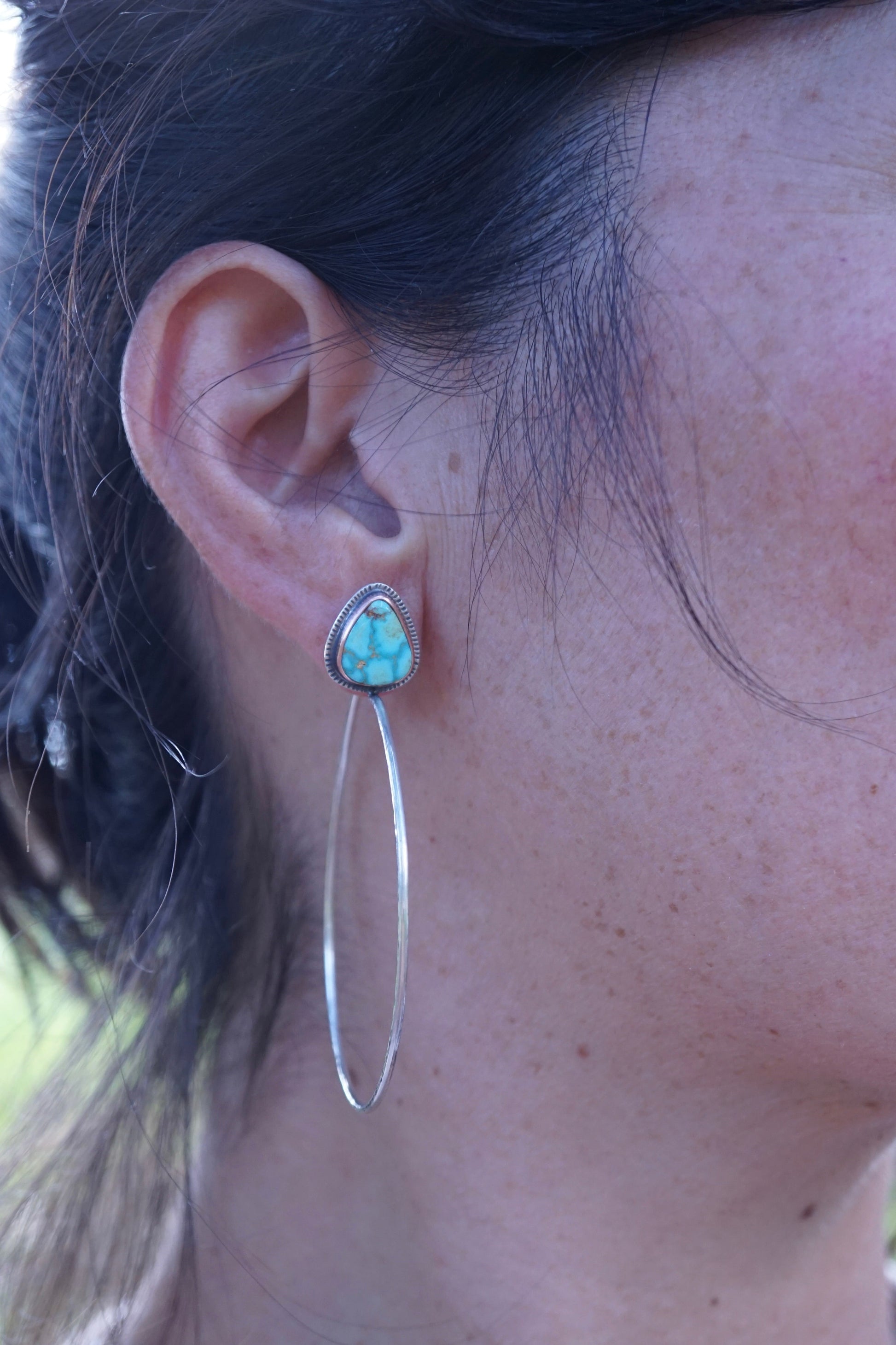 polychrome kingman turquoise + silver hoops with copper bezel - Lumenrose