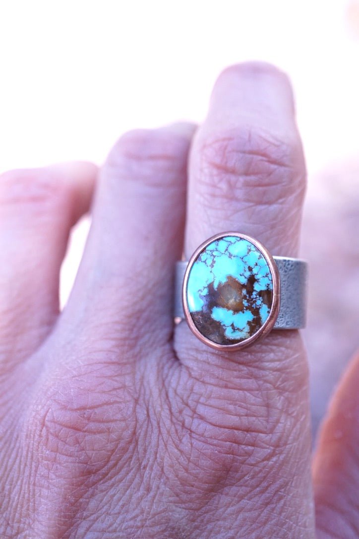 royston turquoise ring with asymmetrical band and copper bezel - size 7.5 - Lumenrose