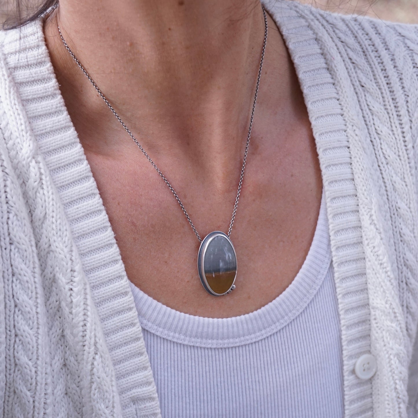 sandy shores and moody sky landscape jasper necklace - Lumenrose