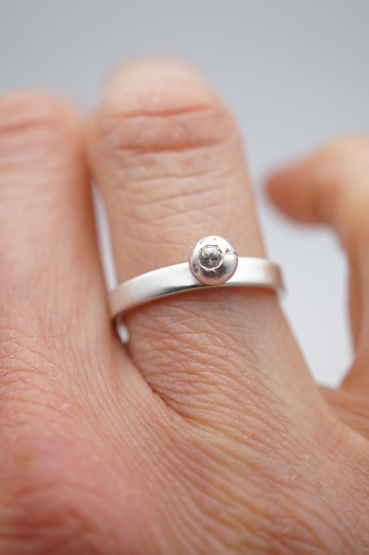 silver bead ring with white sapphire - size 5.5 - Lumenrose