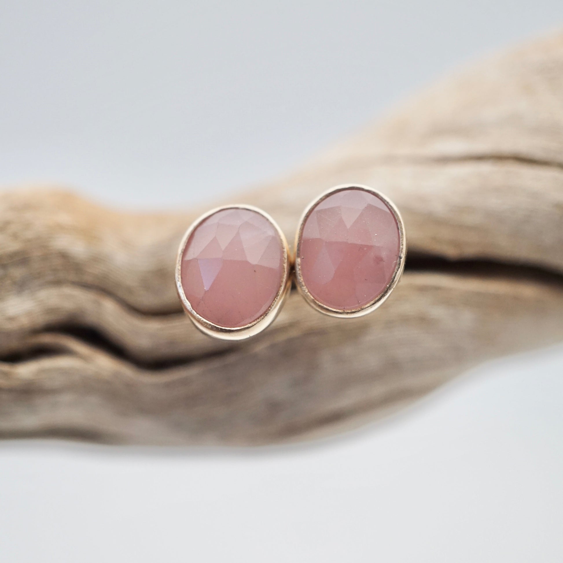 small faceted guava quartz studs with 14k gold bezel - Lumenrose