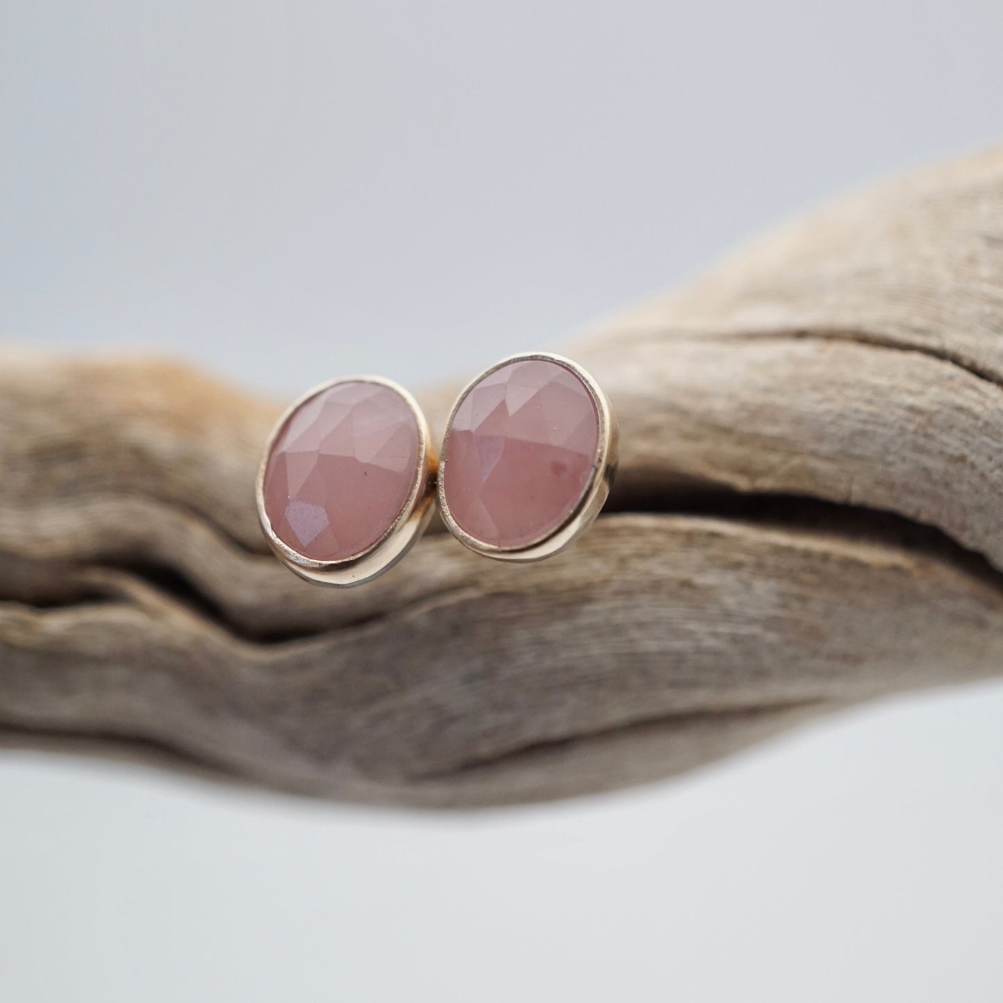 small faceted guava quartz studs with 14k gold bezel - Lumenrose