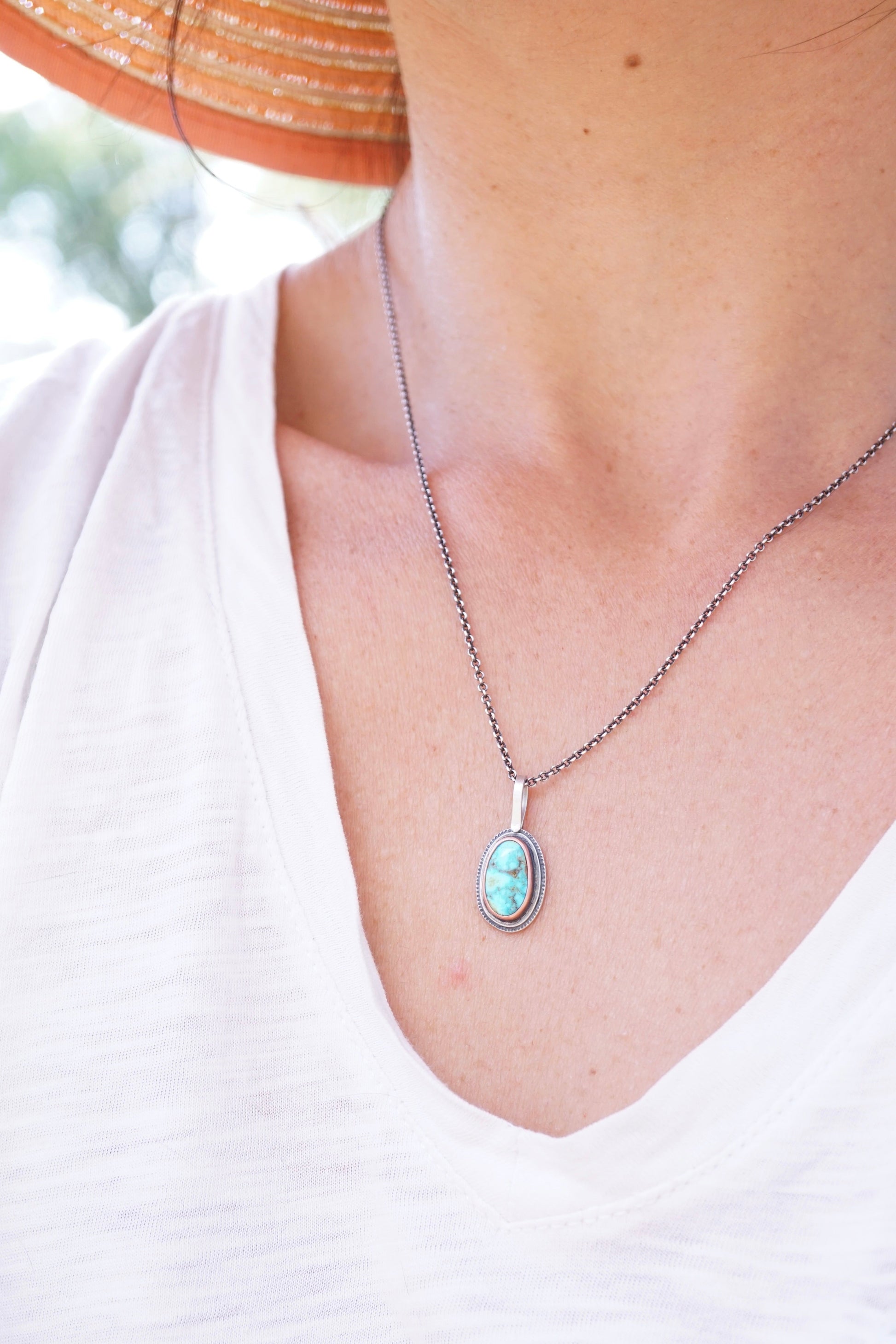 small kingman turquoise necklace with copper bezel - Lumenrose