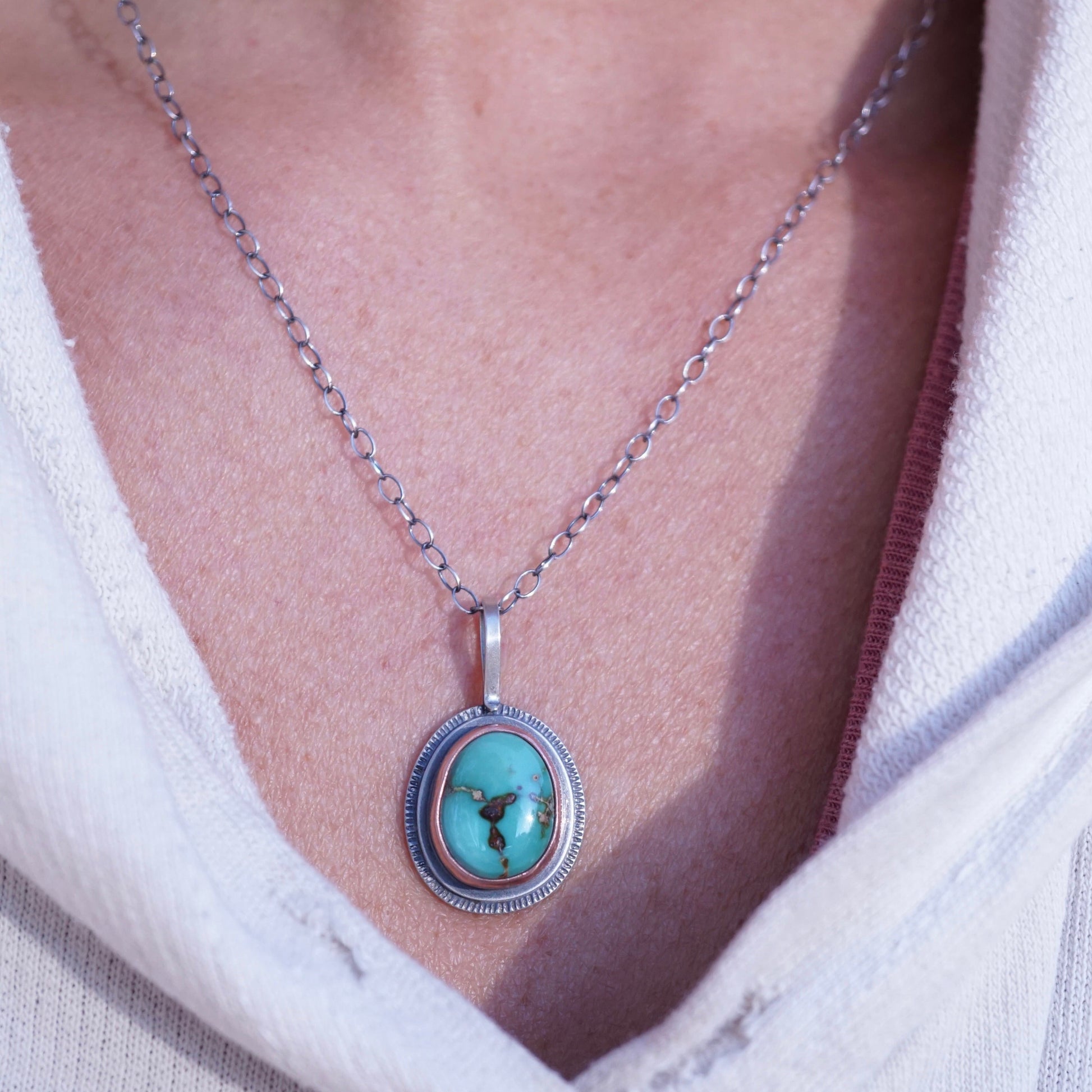 teal fox turquoise necklace with copper bezel - Lumenrose