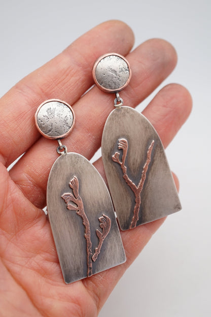 unfurling leaves earrings in copper and silver - Lumenrose