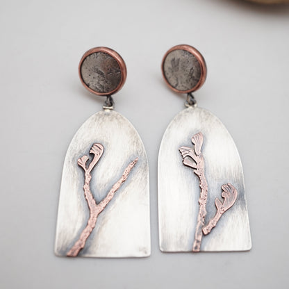 unfurling leaves earrings in copper and silver - Lumenrose